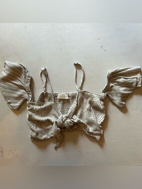 Ocean Drive Beige Leaf-Print Tie-Front Crop Top